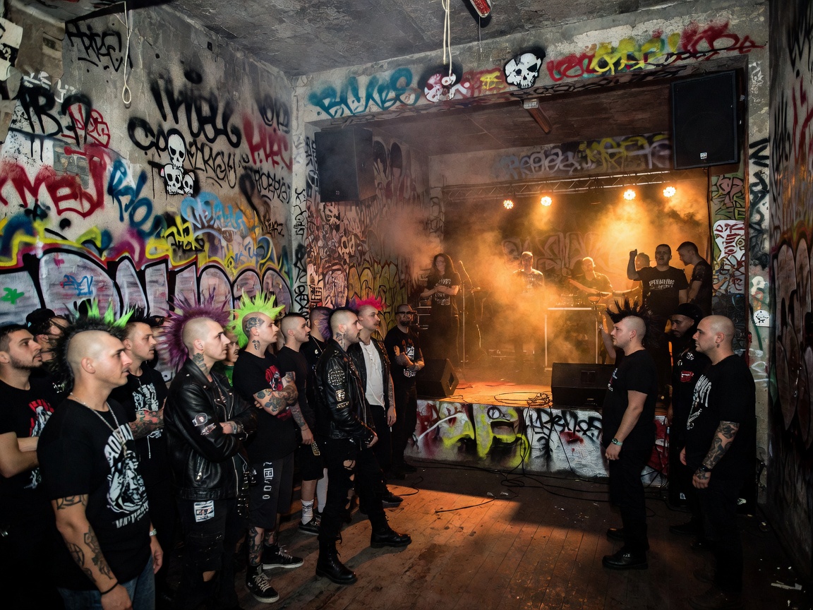 Atmospheric subculture venue in Zagreb with graffiti and warm stage lighting