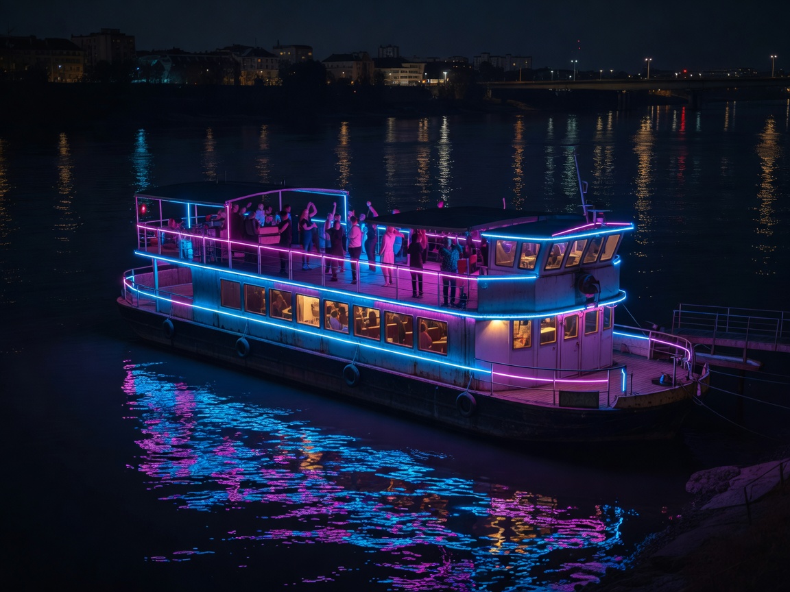 Belgrade river barge nightclub floating on Sava river with neon reflections