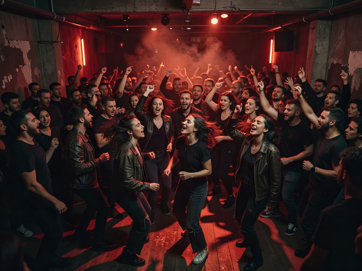 Club crowd dancing under moody red lighting in an Eastern European venue