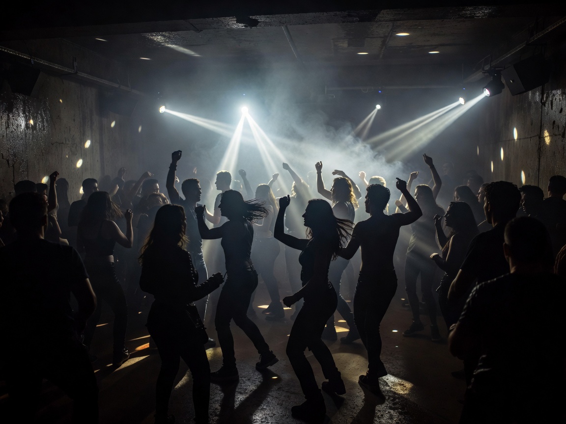 Dark underground Bucharest dance floor illuminated with strobes and haze
