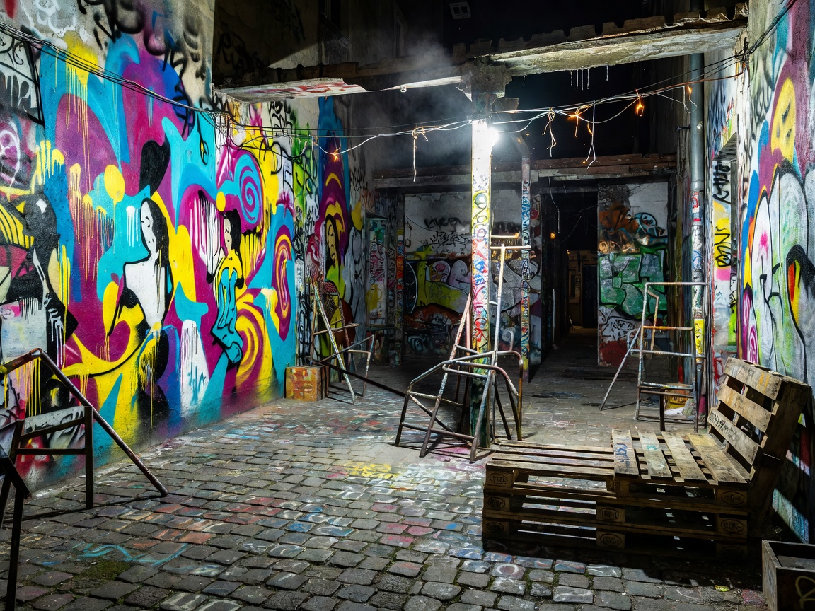 Graffiti covered courtyard in Zagreb subcultural art squat at night