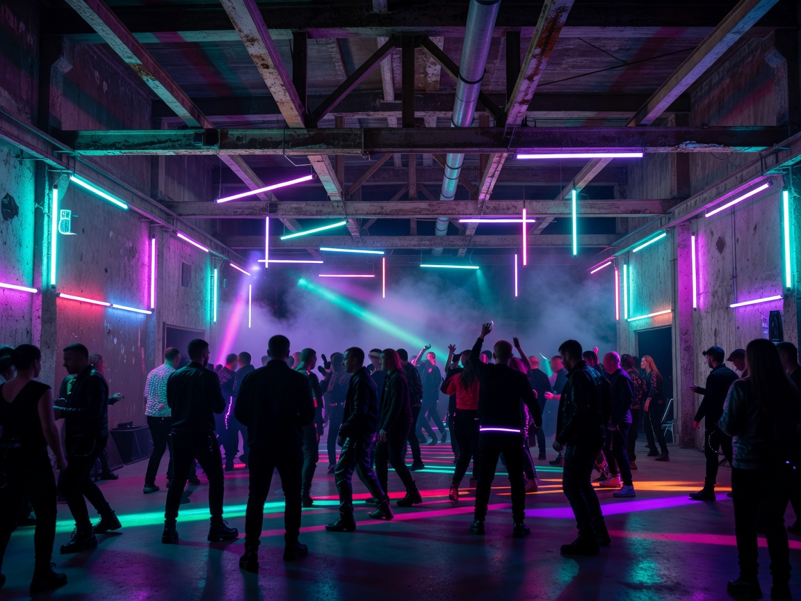 Industrial techno event hall with neon tubes in Sofia Bulgaria