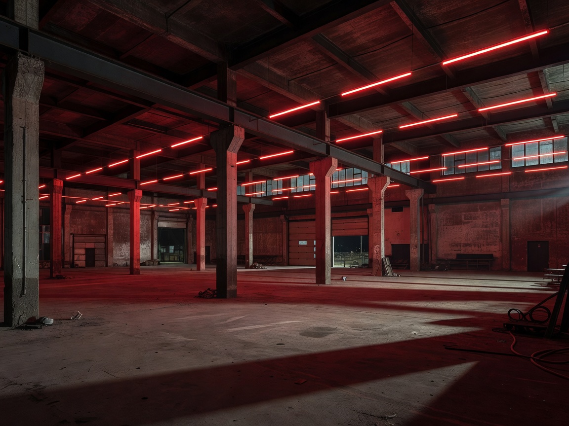 Industrial warehouse venue in Sofia Bulgaria with red neon overhead tubes