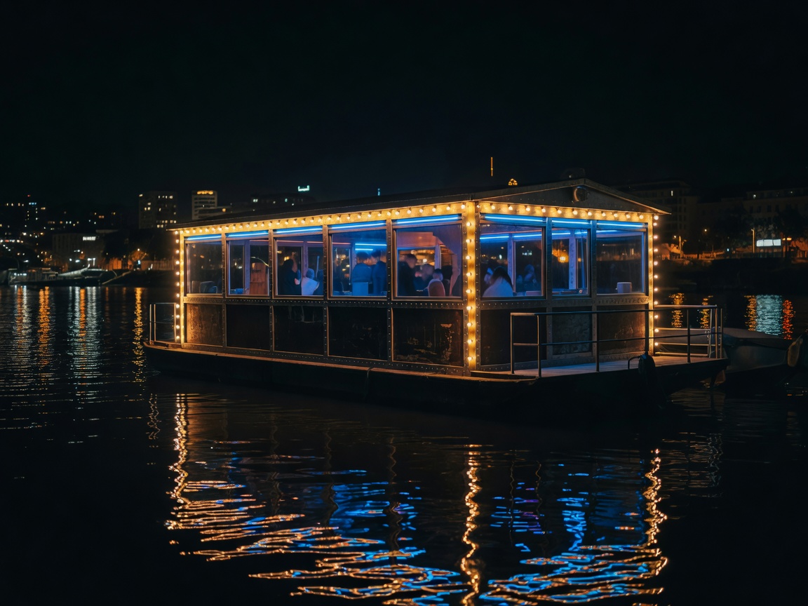 Night view of illuminated Belgrade river club on Sava River