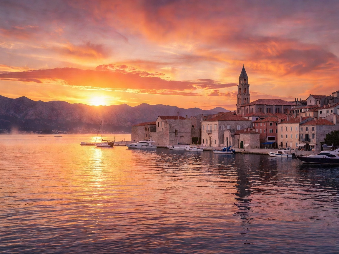 Sunset over the Adriatic harbor of Split Croatia